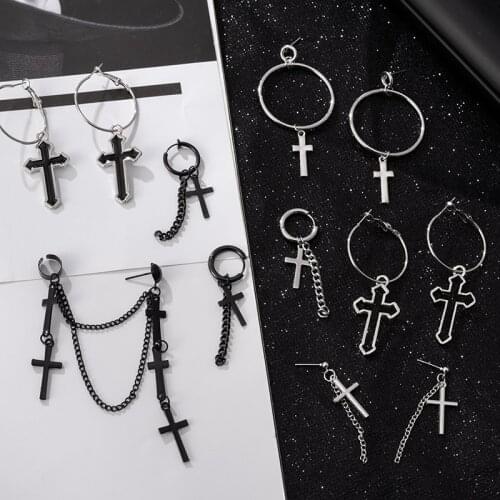 X&P New Men Women Punk Gothic Cross Classic Metal Christian Chain earring Drop Dangle Earrings Street Hip Hop Jewelry Kpop
