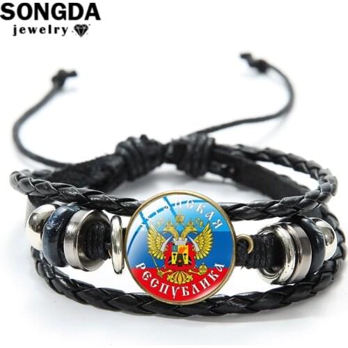SONGDA Russia Emblem Pekhota Leather Bracelets Dark Multi-Layer Woven Adjustable Wristband Fashion Man Wrist Jewelry Accessories