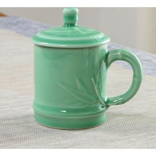 Light Green Ceramic Cup Teacups 13oz Coffee Mugs With Lid Porcelain Cups Embossed With Peony Chinese Mug Celadon Sky Blue