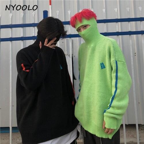 NYOOLO Winter Embroidery Long Sleeve Thicken Pullovers Holes Turtleneck Warm Sweaters Women Men Harajuku Streetwear Loose Tops