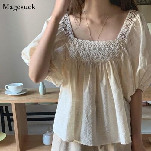 Hollow Out Crochet Puff Short Sleeve Summer Shirt Women Korean Vintage Square Collar Blouses Casual Loose Plus Size Tops 14321