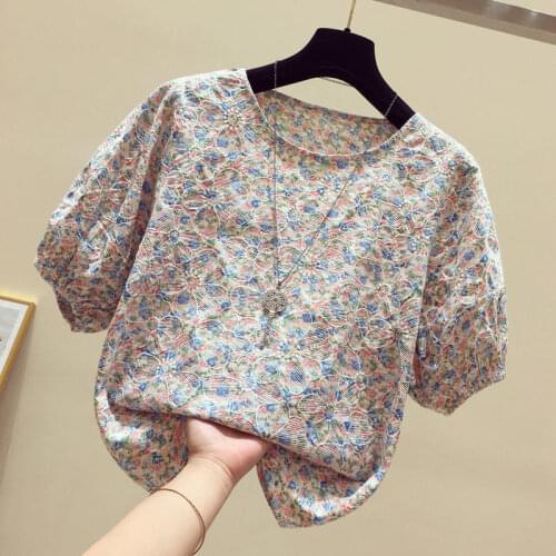 French retro floral round neck puff sleeve blouse womens summer 2021 new western style loose wild thin shirt