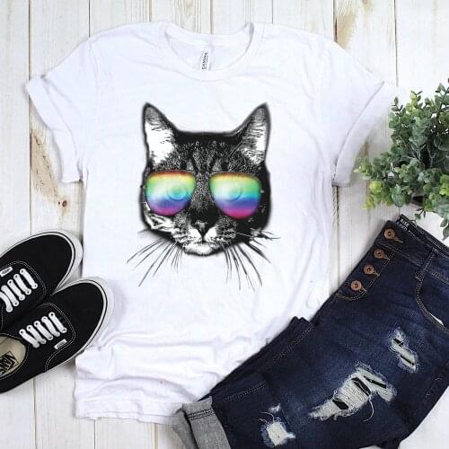 Rainbow Cat Print Harajuku Top Women T-shirt Short Sleeved Casual Ladies Basic O-collar Women T-shirt Girl,Drop Ship