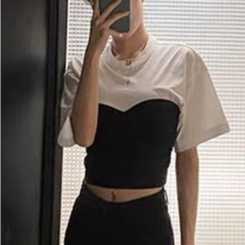 Women Summer Slim Patchwork Short T-Shirt Ladies Fashion O-Neck Cotton Tee Female High-Quality Tops Simple Style TShirts ZM22