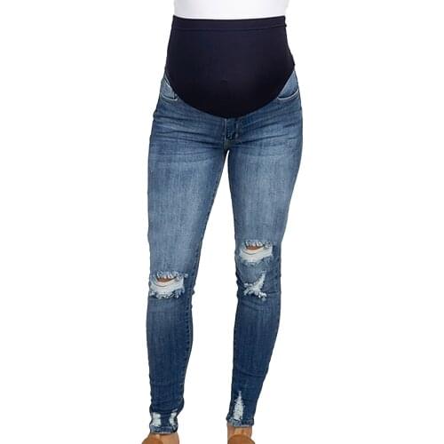 Women Pregnancy Clothes Solid Color Hole High Jeans Flares Ankle Fashion Pregnant Pants Trouser Jeans Maternity Pants Pantalones