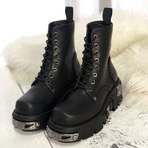 Punk Style Women Ankle Boots Black 6CM Platform Boot High Tops Military Boots Metal Decor Autumn Winter Botas Mujer