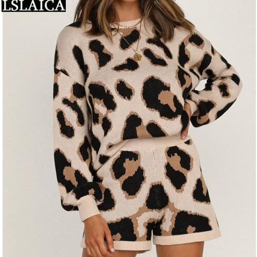 Women Sets Clothes Autumn Winter Long Sleev Top&woman Short Pants Knitted 2 Piece Sets Leopard Fashion Casual Sweater Woman Set