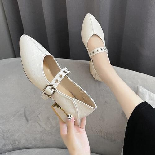 New Spring Autumn Women Leather Slip on Mary Jane Shoes Fashion Buckle Pointed Ladies Chunky Loafers