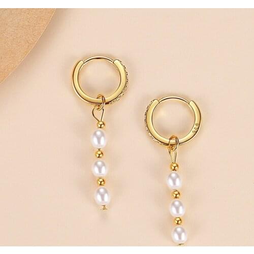 ELESHE Wholesale 925 Sterling Silver Natural Freshwater Pearl Hoop Earrings for Women 18K Gold Plated Diamond Fashion Jewelry