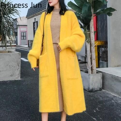 Autumn Winter Women Soft Cashmere Mink Long Sweater Fashion Loose Casual Oversized Cardigan Thick Warm Jacket Wool Knitted Coats