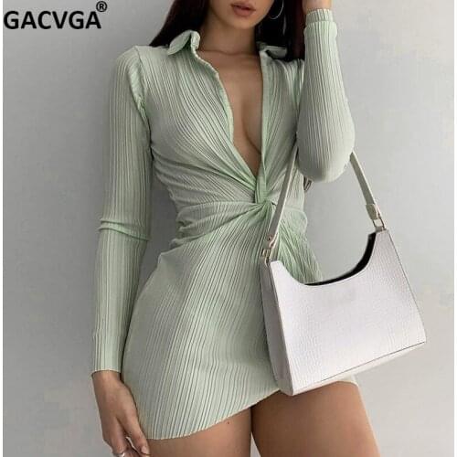GACVGA 2021 Pleated Sexy Summer Autumn Shirt Dress Women Long Sleeve Slim Elastic Bodycon Bandage Party Dresses Vestidos Traf