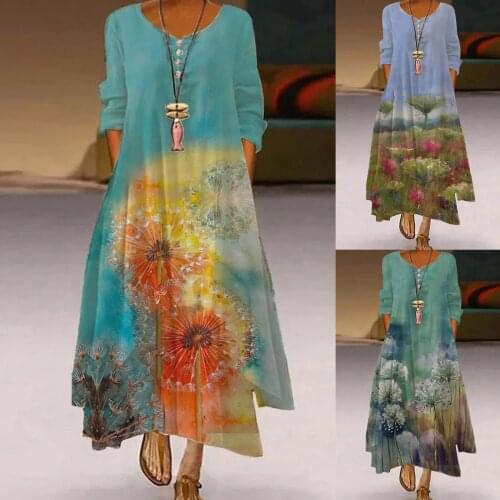 Dresses For Women 2021 Plus Size Dandelion Flower Prints Daily Casual Long Sleeve Vintage Bohemian O-Neck Dress Vestido De Mujer