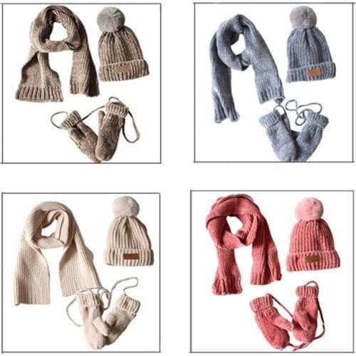 3 In 1 Toddler Kids Winter Ribbed Knit Warm Pompom Beanie Hat Scarf Gloves Set