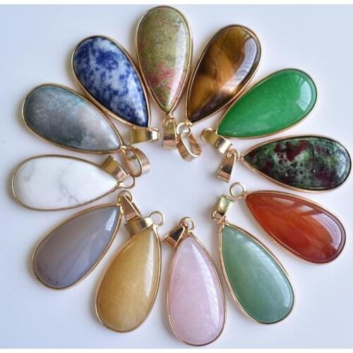 Natural Stone Pendant Water Drop Shape Pendants Agates/ RoseQuartz/Tiger Eye Charms for Necklaces Jewelry Making wholesale 6pcs