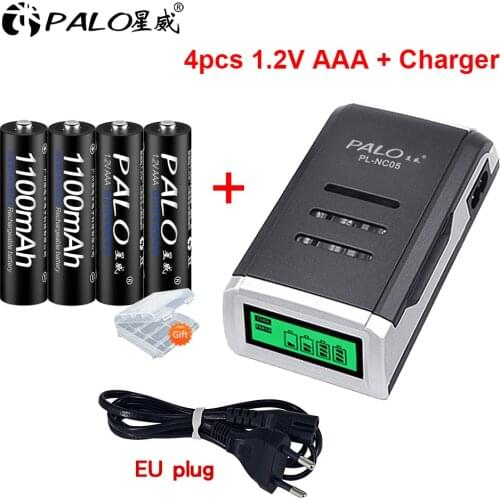 PALO LCD Display Charger For AA AAA NiCd NiMh 1.2v Rechargeable Batteries AA AAA Battery Charger+4pcs AAA 1100mAh Battery