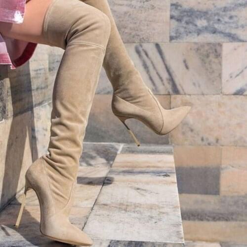 Beige/Black Stretch Suede PU Leather Thigh High Boots Metallic Stiletto High Heels 2017 Women Shoes Pointed Toe Women Boots