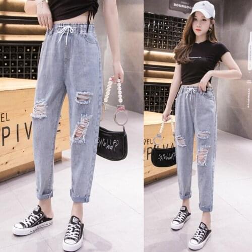 Elastic Waist Jeans Woman Ripped Jeans Korean Ladies School Girls Hole Jeans pants