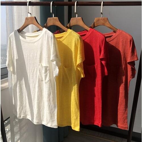 Elfbop 2020 New Ladies 100% Linen Short Sleeve T-Shirt - Red/Yellow/White Solid Color Tees