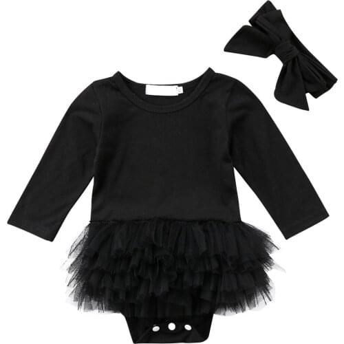 Newborn Toddler Baby Girls Clothes Long Sleeve Cotton Solid Tulle Tutu Romper Jumpsuit with Headband Princess Baby Outfits