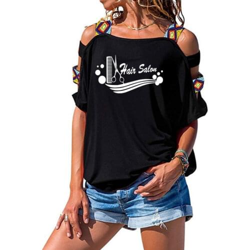 New Hair Salon Barber Scissors Print T-shirt Fashion WoMen Cotton Short Sleeve T Shirt Sexy Hollow Out Shoulder Tee