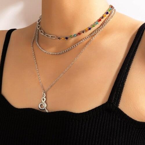 HuaTang Ethnic Colorful Crystal Necklace for Women Silver Color Snake Pendant Clavicle Chain Charming Jewelry Weddings 18786