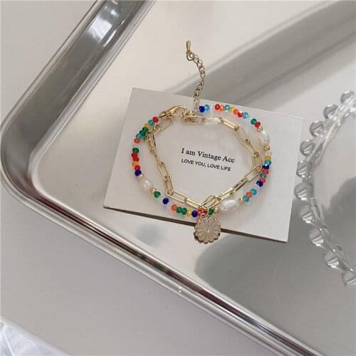Origin Summer Fairy Double Layer Multicolour Beaded Flower Charm Bracelet for Women Faux Pearl Chunky Chain Bracelet Jewelry