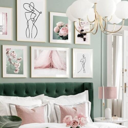 Pink Dress Cherry Blossom Line Figure French Balcony Nordic Poster Wall Art Print Canvas Painting Decor Pictures For Living Room