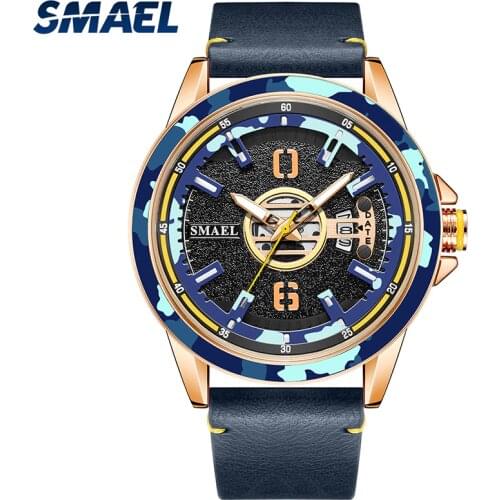 SMAEL New Quartz Wristwatches Camouflage Case Auto Date Male Clock Leather Bracelet Analog Watch 9172 Military Cool Men Watches