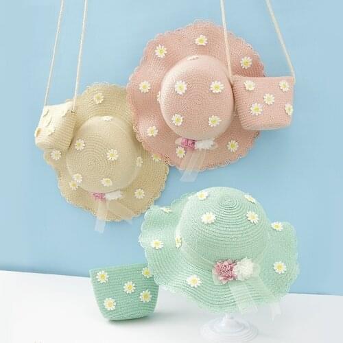 Summer Girl children 2 pieces set straw hat+ handbag New Flower Visor cap Straw hat Panama gorros Kid Baby Girl Sun hat