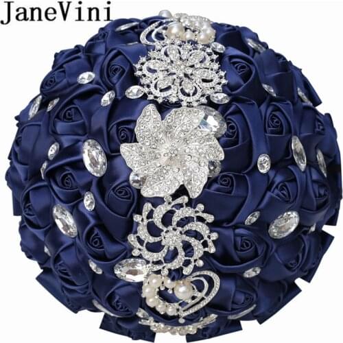 JaneVini 24cm Navy Royal Blue Wedding Bouquet with Crystal Jewelry Luxury Pearl Diamond Satin Rose Bride Bouquet Fleur Mariage