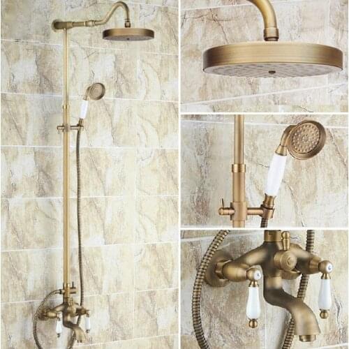Vintage Antique Brass Dual Ceramic Handles Bathroom 7.7 Inch Round Rain Shower Faucet Set Bath Tub Mixer Taps Hand Shower mrs248