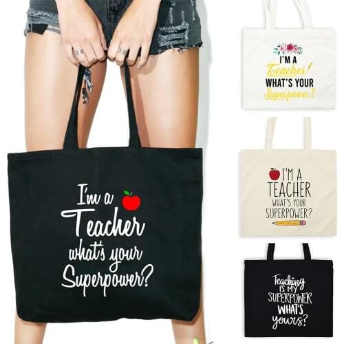 Teacher Life Your Superpower Flower Canvas Shopping Tote Bag Zipper Shoulder Bags Foldable Reusable High Capacity Handbag Gift