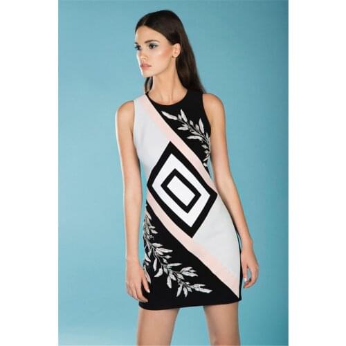 High Quality Sleeveless Round Neck Plaid Jacquard Beaded Bandage Dress Evening Party Dress Women Dress