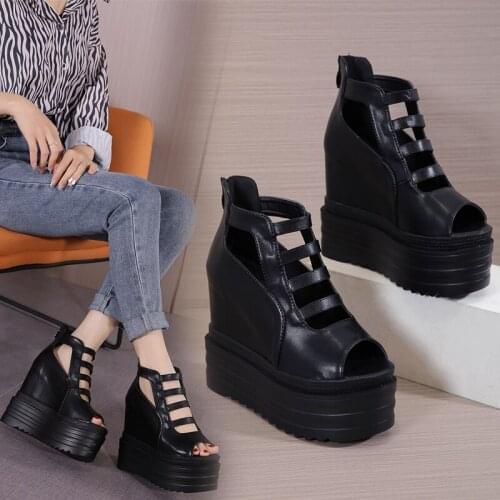 Summer Trend Hollow Sexy Fish Mouth Shoes European And American High-Heeled Wedge Black Ladies Sandals With Waterproof Platform
