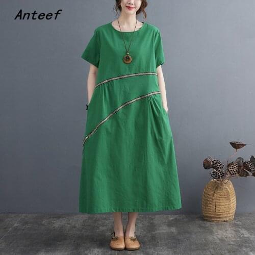 Short sleeve cotton linen vintage dresses for women casual loose long woman summer dress elegant clothes 2021 sundress
