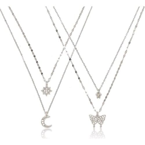 Women Necklace Cute Two Layers Choker Jewelry Fashion Hallow Butterfly Pendant Moon Sun Badge Necklaces Party Accessory New