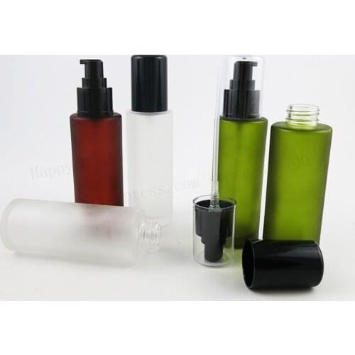 12/lot 100ml Olive Frosted Green Brown Round Glass Lotion Bottle with Black Plastic Pump 100cc cosmetic container for liquid