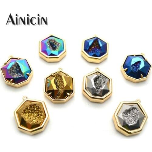 2pcs Gold Silver Rainbow Plating Natural Druzy Crystal Hexagon Shape Faceted Surface Pendants Fashion Jewelry Earring Making