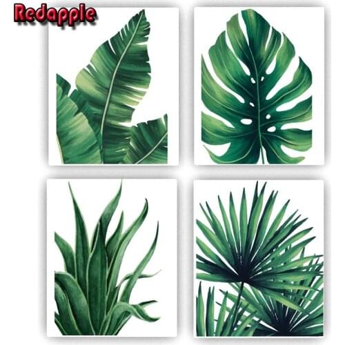 Diamond painting 4 pcs watercolor painting of tropical plant pictures, full drill embroidery mosaic palm banana green leaves art