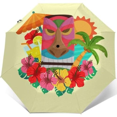 Automatic Umbrella Tiki Mask Floral three-fold umbrella women men rain umbrella