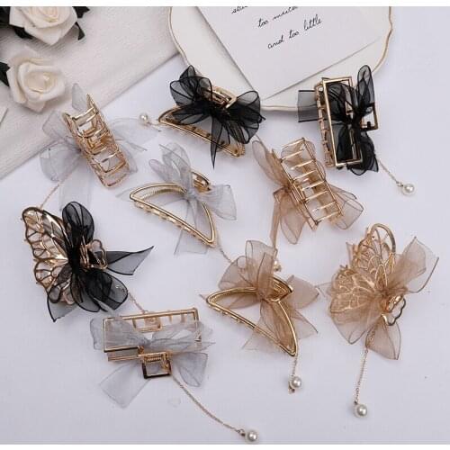 Bow Ribbon Pearl Pendant Tassel Hair Accessories Headdress Metal Grab Clip Hair Clip Shark Clip on the Back of the Head