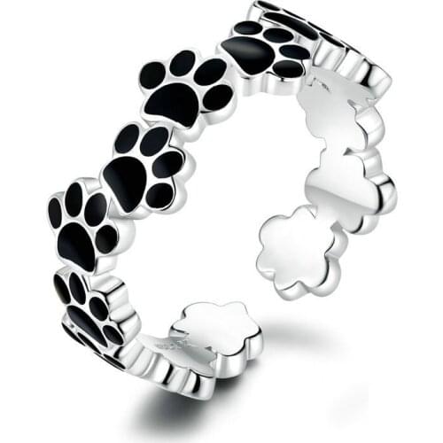 EAMTI Cute Cute Pet Paw Print S925 Black Drip Glaze Sterling Silver Ring Female Open European and American Silver Jewelry