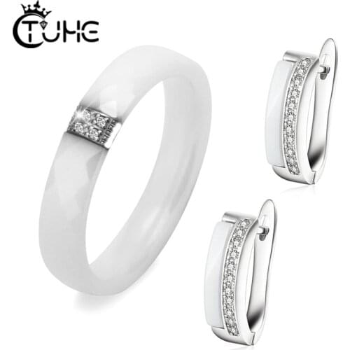 Cut Surface 3mm Crystal Ceramic Rings Tiny Cute Ceramic Earrings For Women Fashion Jewelry Set Wedding Party Elegant Jewelry