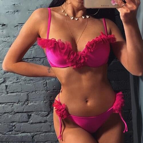 Floral Padded Push Up Bikini Set Underwire Lace Ruffle Swimsuit For Women Sexy Solid Swimwear Female Bathing Suit Summer Biquini