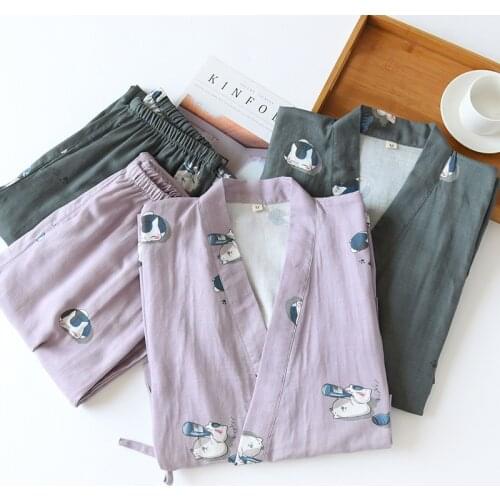 New Japanese-style kimono two-piece couple pajamas cover men and women pure cotton gauze cute kitten thin home service plus size