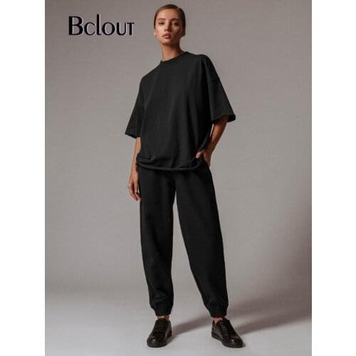 Bclout White Black Casual Basic Cotton Women Suit Half Sleeve Tshirt And Elastic Waist Pants Two Piece Set Spring Streetwear