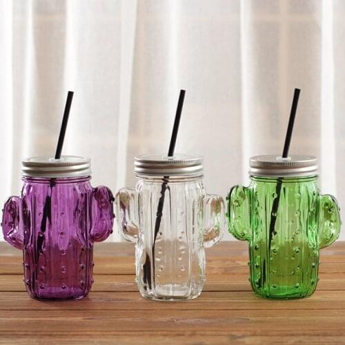 Creative 3D Cactus Glass Mason Jar Mug with Lid and Straw Cold Drink Smoothie Cup Water Glass Cup coffee mug