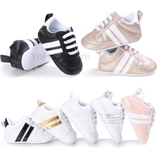 Baby Shoes Newborn Boys Sneaker Girls Striped First Walkers Kids Toddlers Lace Up PU Leather Soft Soles Sneakers 0-18 Months