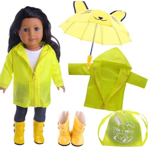Doll Clothes Yellow Raincoat Backpack Umbrella For 18 Inch American Doll Girls 43 Cm Reborn Baby Generation Accessories,Kid Toy