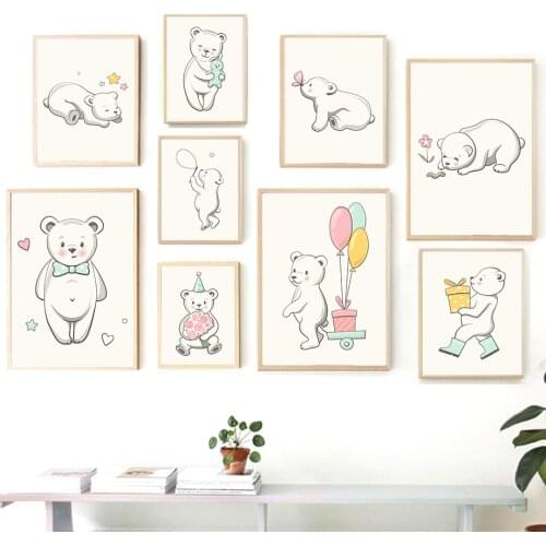 Cute Bear Flower Balloon Gift Cartoon Nordic Posters And Prints Wall Art Canvas Painting Wall Pictures For Baby Kids Room Decor